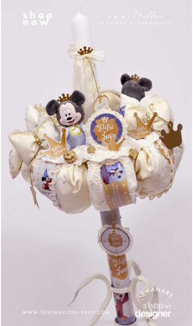 Lumanare botez Mickey Mouse personalizata grafic si inspirata din lumea Disney cu note roiale The King 3